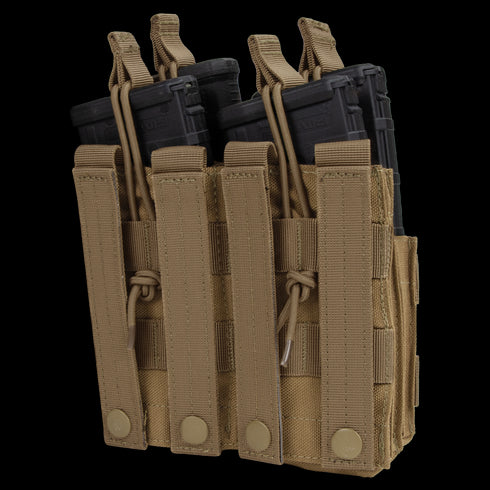 The Condor Double Stacker M4 Mag Pouch is a tan MOLLE pouch that securely holds four black rifle magazines with snap closures.