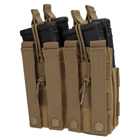 The Condor Double Stacker M4 Mag Pouch is a tan MOLLE pouch that securely holds four black rifle magazines with snap closures.