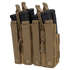 The Condor Double Stacker M4 Mag Pouch is a tan MOLLE pouch that securely holds four black rifle magazines with snap closures.
