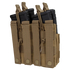 The Condor Double Stacker M4 Mag Pouch is a tan MOLLE pouch that securely holds four black rifle magazines with snap closures.