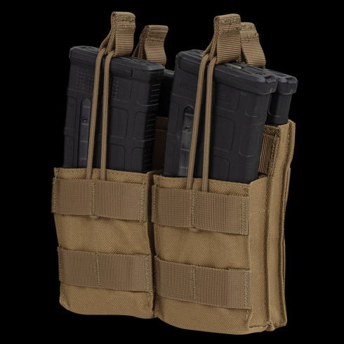 The Condor Double Stacker M4 Mag Pouch is a tan MOLLE-compatible pouch that securely holds four black rifle magazines using elastic retention bands.