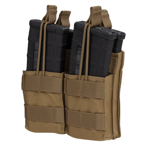 The Condor Double Stacker M4 Mag Pouch is a tan MOLLE-compatible pouch that securely holds four black rifle magazines using elastic retention bands.