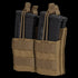The Condor Double Stacker M4 Mag Pouch is a tan MOLLE-compatible pouch that securely holds four black rifle magazines using elastic retention bands.