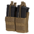 The Condor Double Stacker M4 Mag Pouch is a tan MOLLE-compatible pouch that securely holds four black rifle magazines using elastic retention bands.