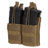 The Condor Double Stacker M4 Mag Pouch is a tan MOLLE-compatible pouch that securely holds four black rifle magazines using elastic retention bands.