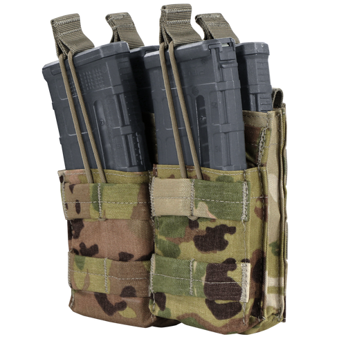 The Condor Double Stacker M4 Mag Pouch in Scorpion OCP holds two rifle magazines, secured with elastic retention straps and features a camouflage pattern.