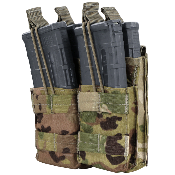 The Condor Double Stacker M4 Mag Pouch in Scorpion OCP holds two rifle magazines, secured with elastic retention straps and features a camouflage pattern.