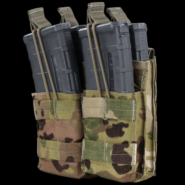 The Condor Double Stacker M4 Mag Pouch in Scorpion OCP holds two rifle magazines, secured with elastic retention straps and features a camouflage pattern.