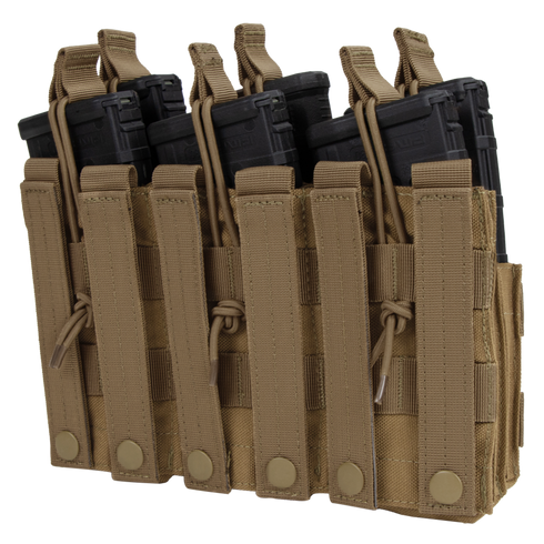 The Condor Triple Stacker M4 Mag Pouch is a tan tactical pouch that holds four black rifle magazines, featuring securing straps and snap-button closures.