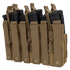 The Condor Triple Stacker M4 Mag Pouch is a tan tactical pouch that holds four black rifle magazines, featuring securing straps and snap-button closures.