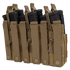 The Condor Triple Stacker M4 Mag Pouch is a tan tactical pouch that holds four black rifle magazines, featuring securing straps and snap-button closures.