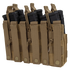 The Condor Triple Stacker M4 Mag Pouch is a tan tactical pouch that holds four black rifle magazines, featuring securing straps and snap-button closures.