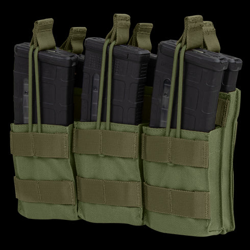 Three black rifle magazines are secured in the Condor Triple Stacker M4 Mag Pouch, olive drab color, featuring retention straps and MOLLE webbing.