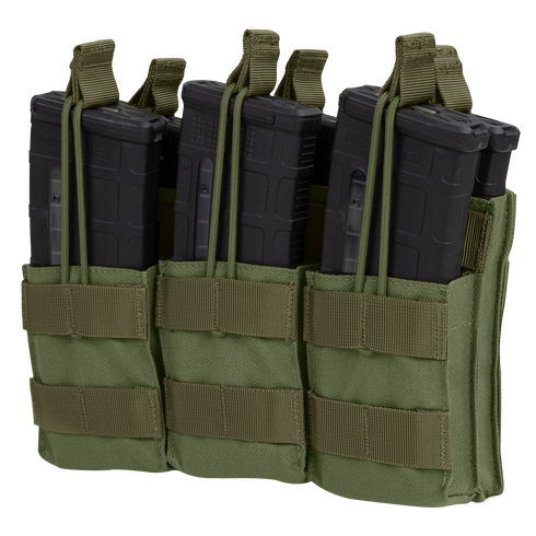 Three black rifle magazines are secured in the Condor Triple Stacker M4 Mag Pouch, olive drab color, featuring retention straps and MOLLE webbing.