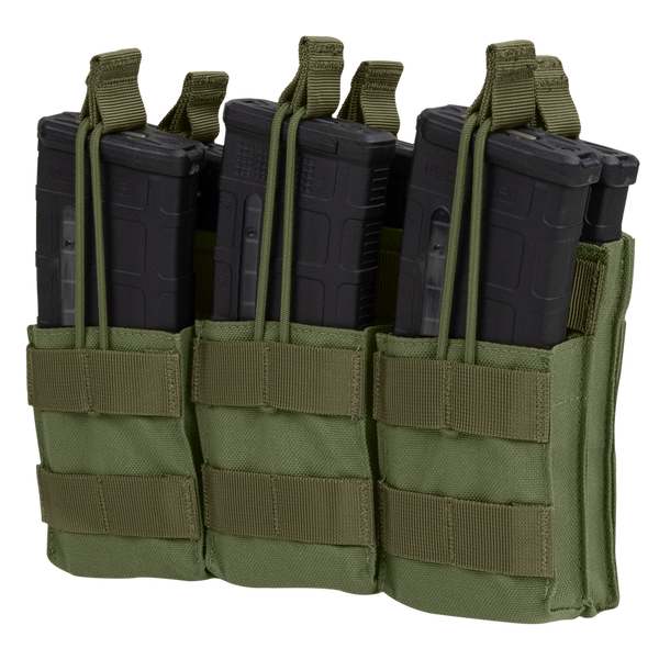 Three black rifle magazines are secured in the Condor Triple Stacker M4 Mag Pouch, olive drab color, featuring retention straps and MOLLE webbing.