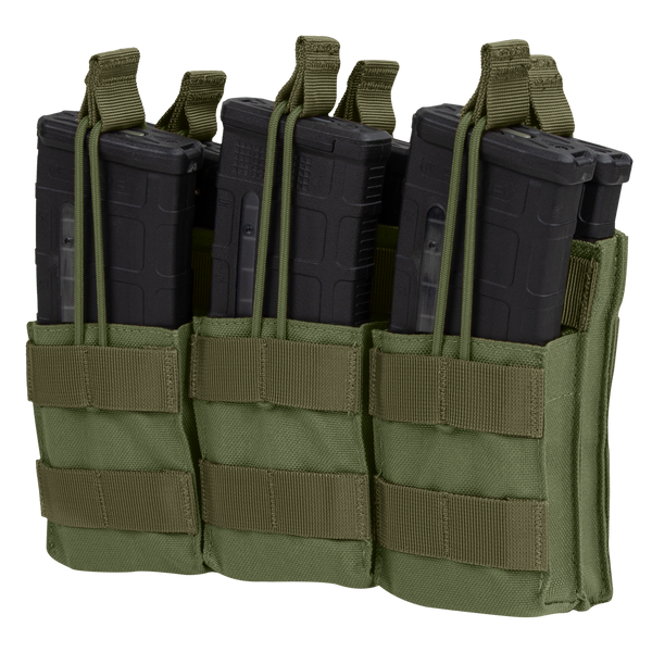 Three black rifle magazines are secured in the Condor Triple Stacker M4 Mag Pouch, olive drab color, featuring retention straps and MOLLE webbing.