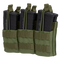 Three black rifle magazines are secured in the Condor Triple Stacker M4 Mag Pouch, olive drab color, featuring retention straps and MOLLE webbing.