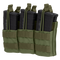 Three black rifle magazines are secured in the Condor Triple Stacker M4 Mag Pouch, olive drab color, featuring retention straps and MOLLE webbing.