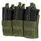 Three black rifle magazines are secured in the Condor Triple Stacker M4 Mag Pouch, olive drab color, featuring retention straps and MOLLE webbing.