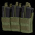 Three black rifle magazines are secured in the Condor Triple Stacker M4 Mag Pouch, olive drab color, featuring retention straps and MOLLE webbing.