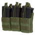 Three black rifle magazines are secured in the Condor Triple Stacker M4 Mag Pouch, olive drab color, featuring retention straps and MOLLE webbing.