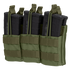 Three black rifle magazines are secured in the Condor Triple Stacker M4 Mag Pouch, olive drab color, featuring retention straps and MOLLE webbing.