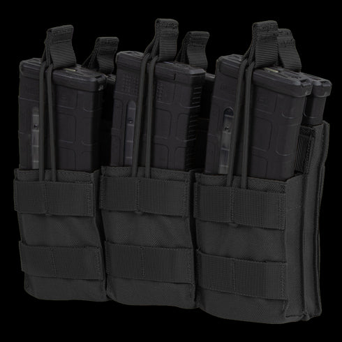 The Condor Triple Stacker M4 Mag Pouch in black holds three rifle magazines in individual compartments, each secured with elastic retention straps.