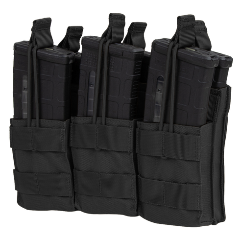 The Condor Triple Stacker M4 Mag Pouch in black holds three rifle magazines in individual compartments, each secured with elastic retention straps.