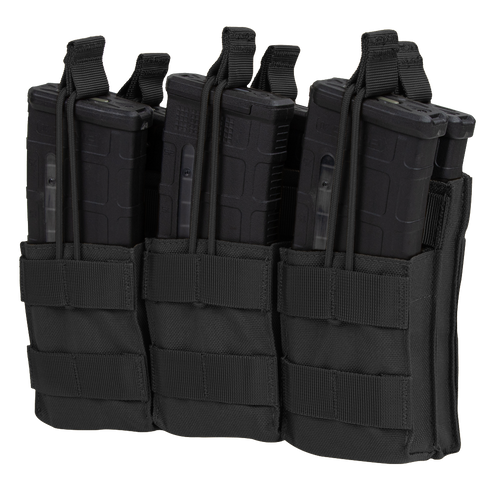 The Condor Triple Stacker M4 Mag Pouch in black holds three rifle magazines in individual compartments, each secured with elastic retention straps.