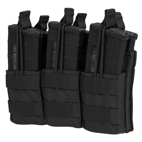 The Condor Triple Stacker M4 Mag Pouch in black holds three rifle magazines in individual compartments, each secured with elastic retention straps.