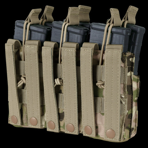 The Condor Triple Stacker M4 Mag Pouch in MultiCam securely holds six rifle magazines with tan straps and snap buttons.