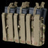 The Condor Triple Stacker M4 Mag Pouch in MultiCam securely holds six rifle magazines with tan straps and snap buttons.
