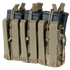 The Condor Triple Stacker M4 Mag Pouch in MultiCam securely holds six rifle magazines with tan straps and snap buttons.