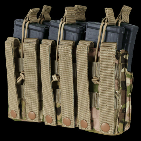 The Condor Triple Stacker M4 Mag Pouch in Scorpion OCP holds multiple rifle magazines securely with retention cords—perfect for military or EDC use.