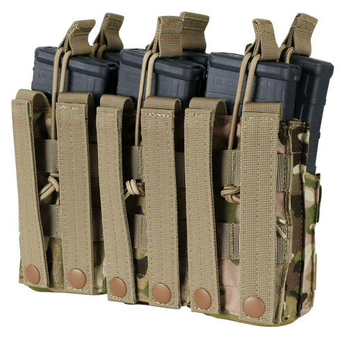 The Condor Triple Stacker M4 Mag Pouch in Scorpion OCP holds multiple rifle magazines securely with retention cords—perfect for military or EDC use.