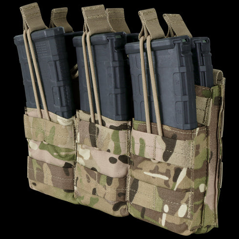 The Condor Triple Stacker M4 Mag Pouch in MultiCam holds three black rifle magazines, secured with elastic retention cords.