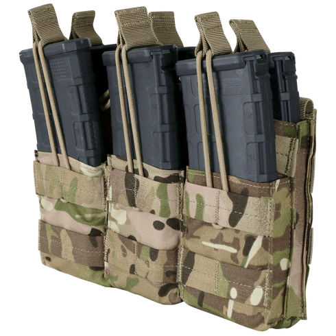 The Condor Triple Stacker M4 Mag Pouch in MultiCam holds three black rifle magazines, secured with elastic retention cords.