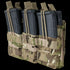 The Condor Triple Stacker M4 Mag Pouch in MultiCam holds three black rifle magazines, secured with elastic retention cords.