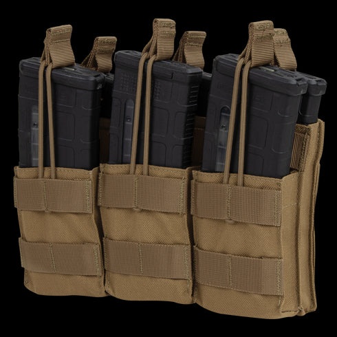Three black rifle magazines in a Condor Triple Stacker M4 Mag Pouch, color Coyote Brown, with retention straps.