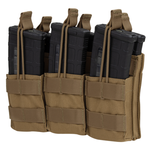 Three black rifle magazines in a Condor Triple Stacker M4 Mag Pouch, color Coyote Brown, with retention straps.