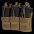 Three black rifle magazines in a Condor Triple Stacker M4 Mag Pouch, color Coyote Brown, with retention straps.