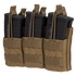 Three black rifle magazines in a Condor Triple Stacker M4 Mag Pouch, color Coyote Brown, with retention straps.