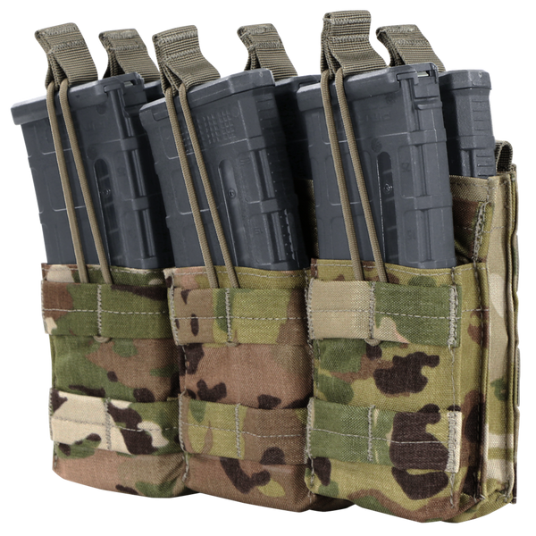The Condor Triple Stacker M4 Mag Pouch in Scorpion OCP securely holds three rifle magazines with adjustable straps for a reliable fit.