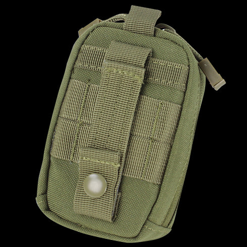 The Condor i-Pouch - Scorpion OCP is a compact tactical pouch with a front strap and snap button, featuring MOLLE webbing for secure attachment—perfect for military or law enforcement use.