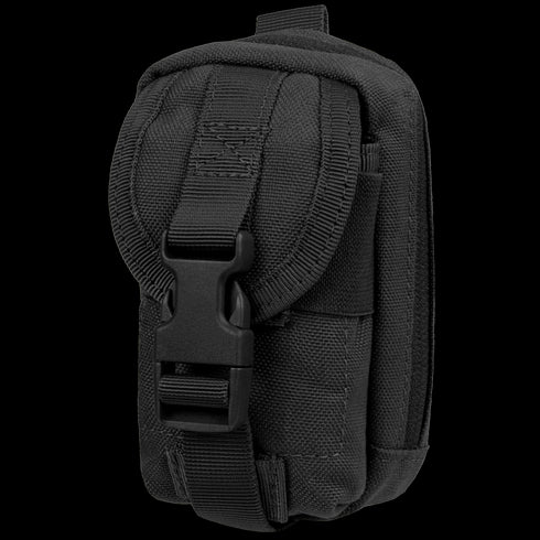 The Condor i-Pouch is a compact black tactical pouch with a front buckle closure and flap cover, made from durable fabric for carrying gear or accessories.