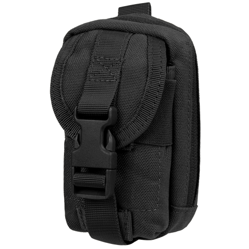 The Condor i-Pouch is a compact black tactical pouch with a front buckle closure and flap cover, made from durable fabric for carrying gear or accessories.