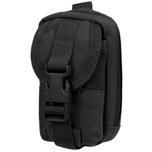 The Condor i-Pouch is a compact black tactical pouch with a front buckle closure and flap cover, made from durable fabric for carrying gear or accessories.