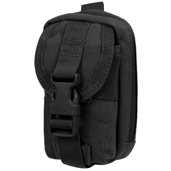 The Condor i-Pouch is a compact black tactical pouch with a front buckle closure and flap cover, made from durable fabric for carrying gear or accessories.