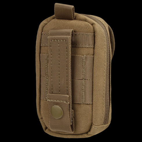 The Condor i-Pouch is a compact tan tactical pouch made of durable fabric, featuring a snap button strap and MOLLE webbing on the back.