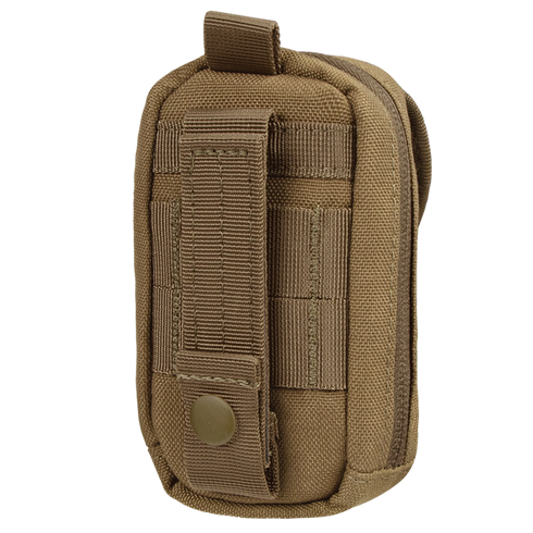 The Condor i-Pouch is a compact tan tactical pouch made of durable fabric, featuring a snap button strap and MOLLE webbing on the back.
